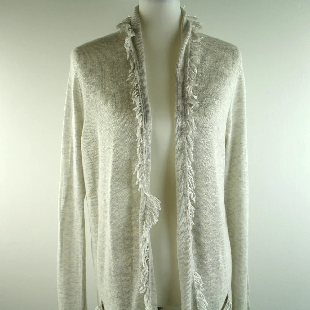 Lilly Pulitzer Bridget Heathered Grey Fringe Trim Open Cardigan Sweater L - Picture 3 of 7